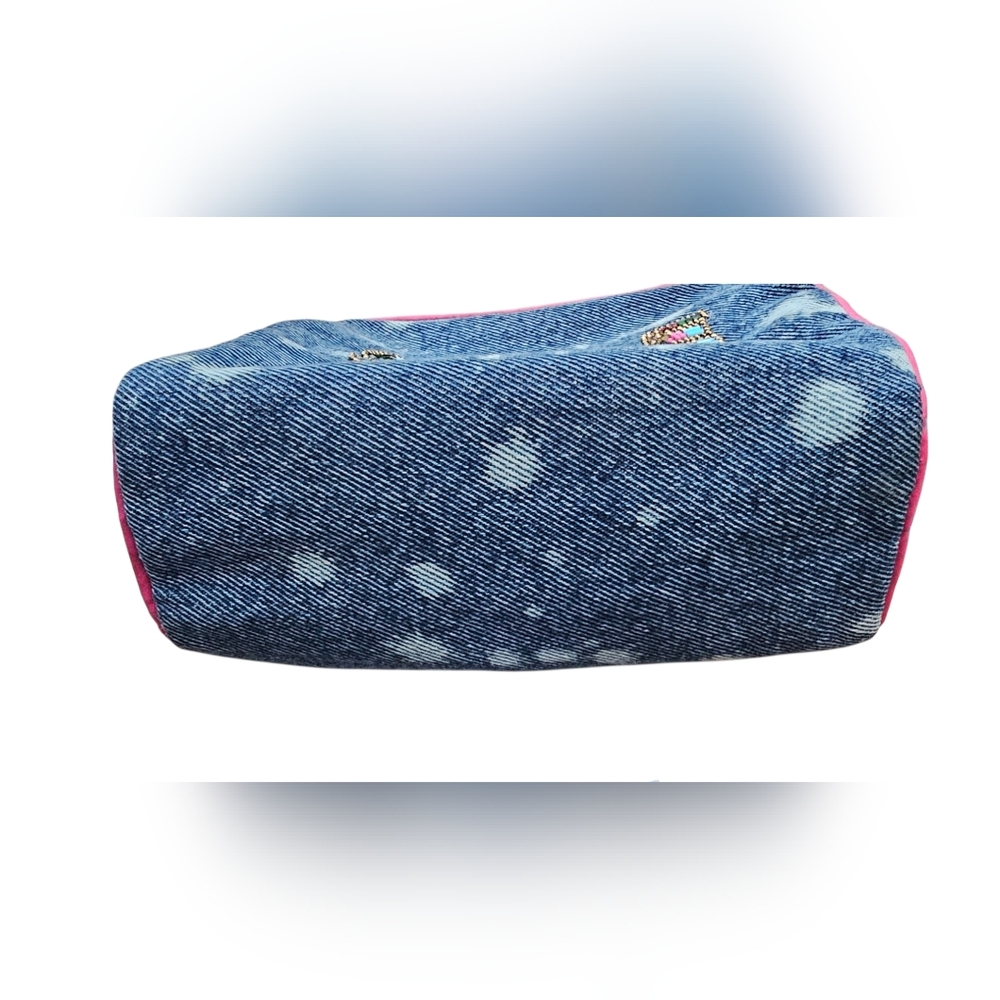 NEW My Doris - Small Denim 'Smile' Hand Beaded Embellished Women's Cosmetic Bag - Picture 7 of 10